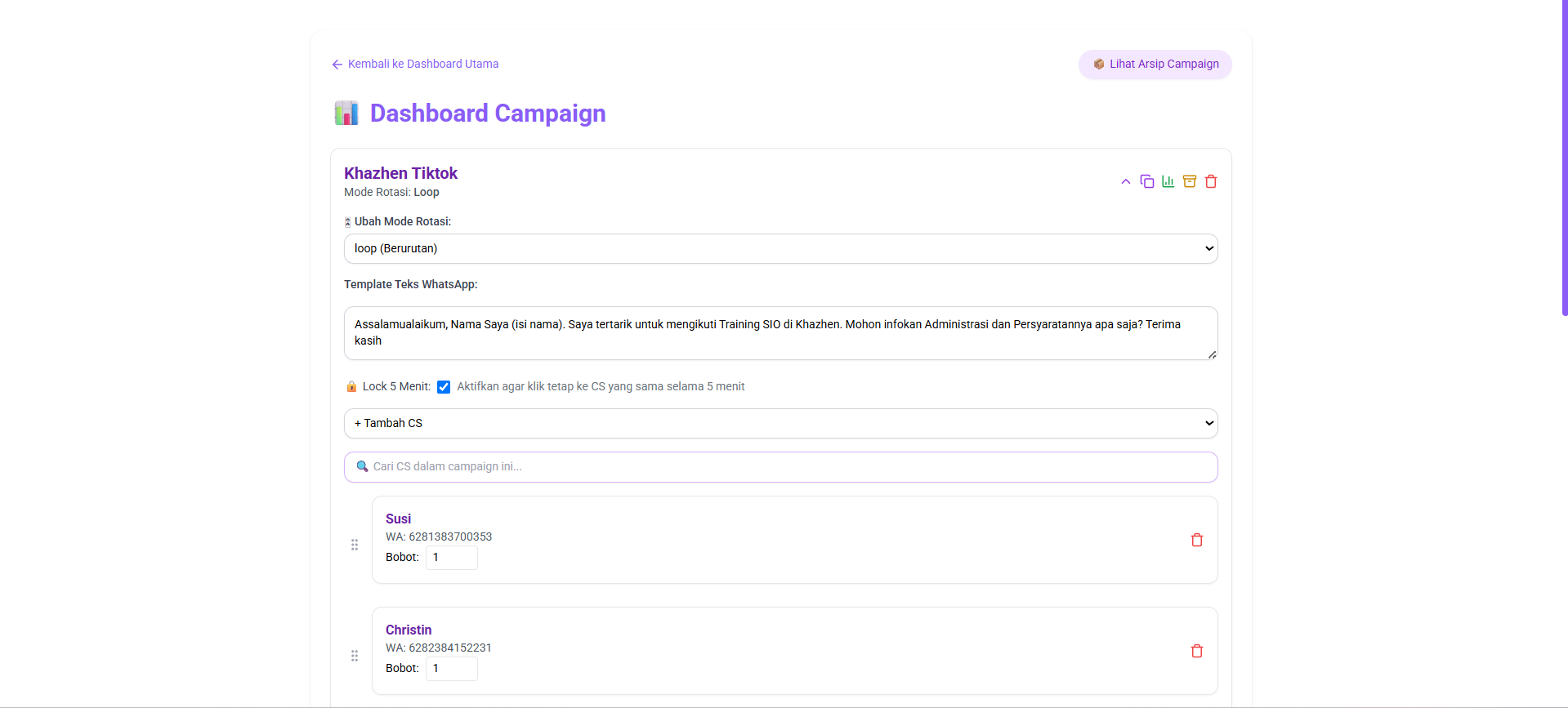 Edit template WhatsApp dan mode rotasi campaign di Rotator WA