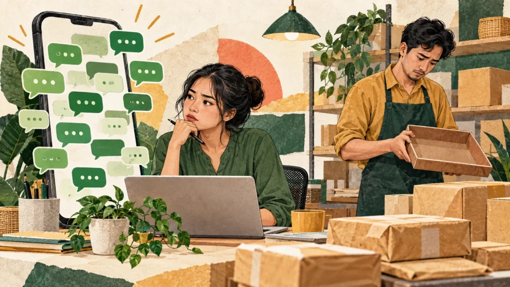 Ilustrasi tim toko online menerima banyak chat WhatsApp sementara pesanan yang selesai masih sedikit