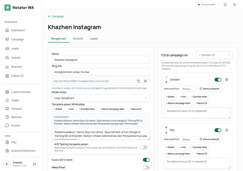 Pengaturan tautan wa rotator dan pilihan mode rotasi pembagian chat CS di aplikasi Rotator WA 