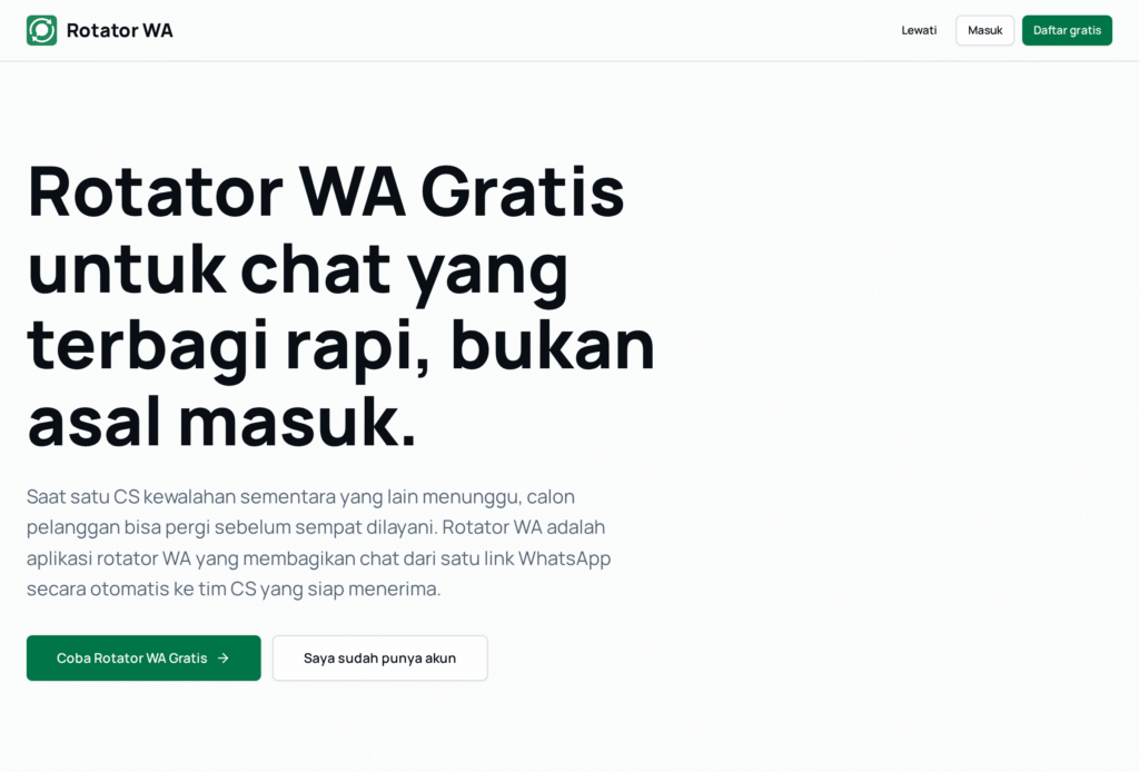 Tampilan halaman utama Rotator WA aplikasi pembagi chat WhatsApp otomatis