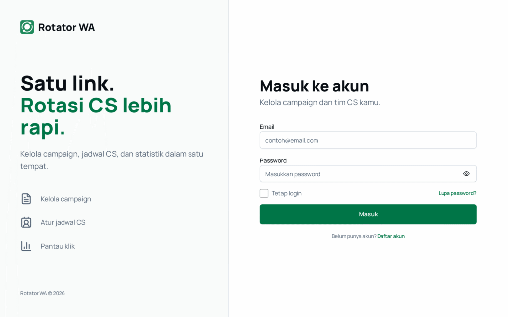 Antarmuka dashboard dan pengelolaan tim CS pada aplikasi Rotator WA 
