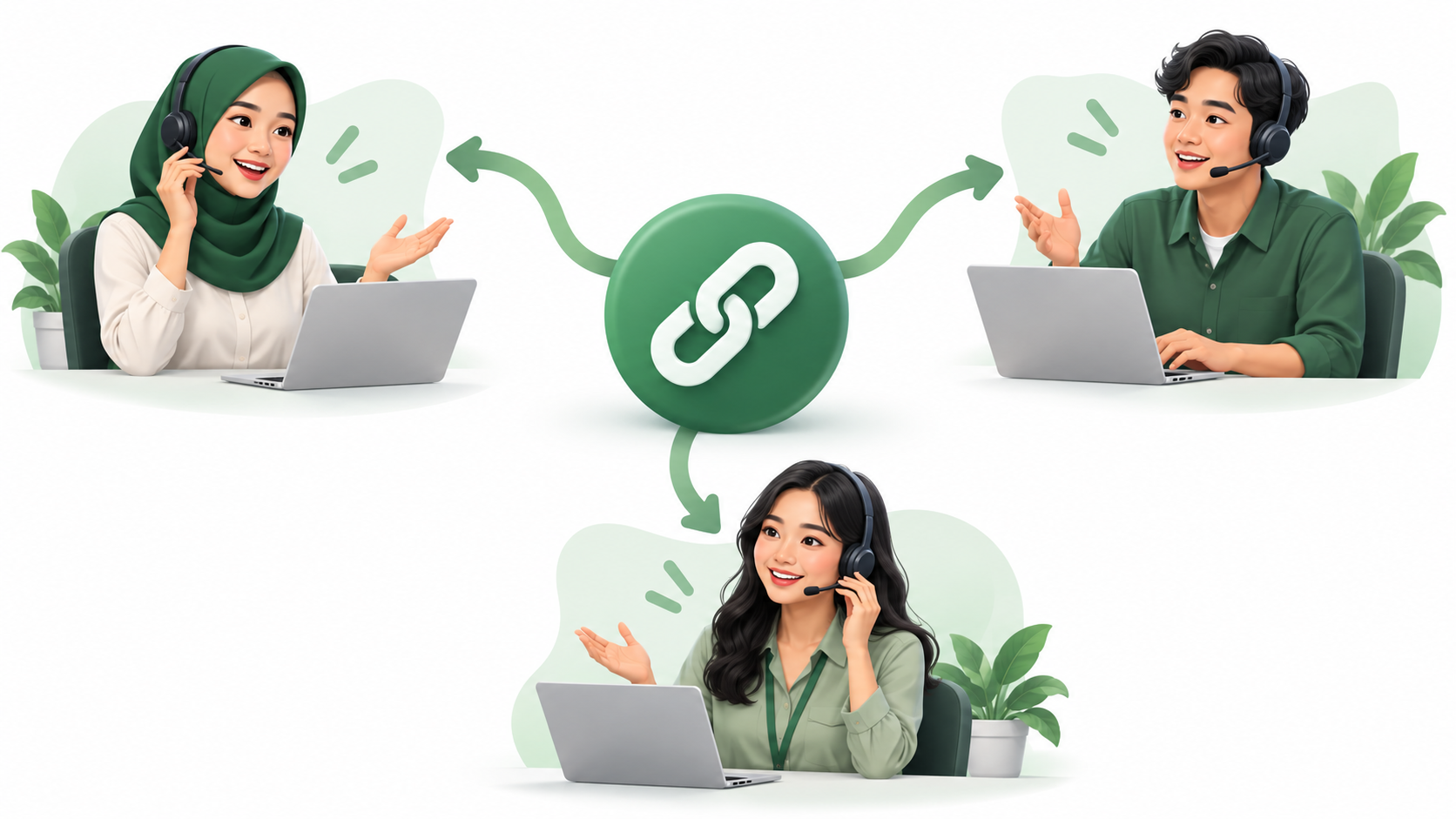 Ilustrasi satu link rotator WhatsApp mengarahkan pengunjung ke beberapa nomor customer service.