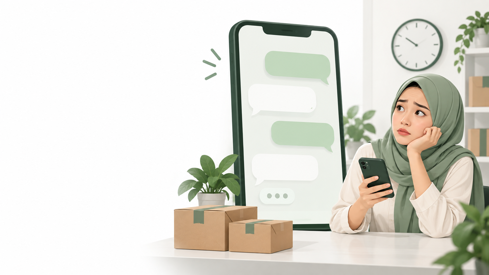 elanggan menunggu balasan chat toko online dengan ilustrasi smartphone dan jam